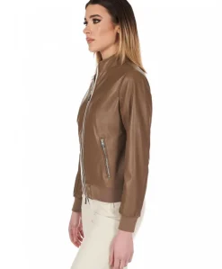 Donna D'Arienzo G154 - Bomber in pelle color fango effetto liscio profili crema