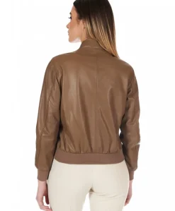 Donna D'Arienzo G154 - Bomber in pelle color fango effetto liscio profili crema