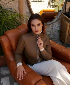 Donna D'Arienzo G154 - Bomber in pelle color fango effetto liscio