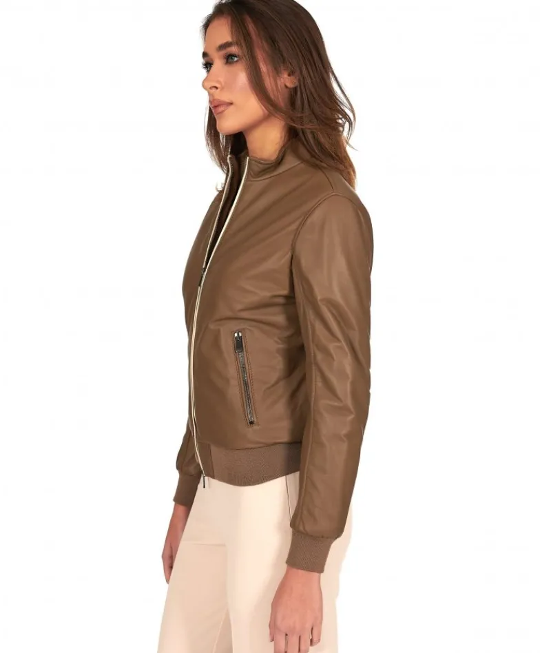 Donna D'Arienzo G154 - Bomber in pelle color fango effetto liscio