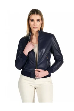 Donna D'Arienzo G154 - Bomber in pelle naturale blu avion effetto liscio