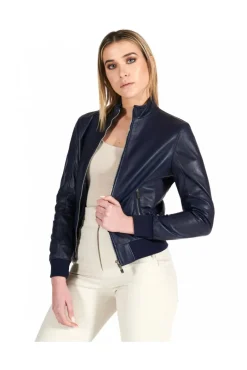 Donna D'Arienzo G154 - Bomber in pelle naturale blu avion effetto liscio