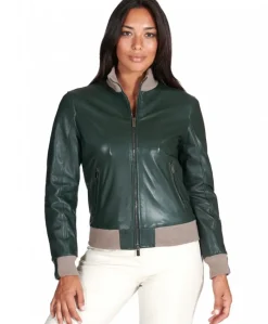 Donna D'Arienzo G155 - Bomber in pelle naturale verde collo in lana merino