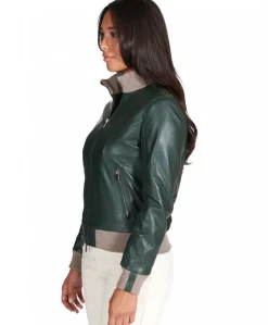 Donna D'Arienzo G155 - Bomber in pelle naturale verde collo in lana merino