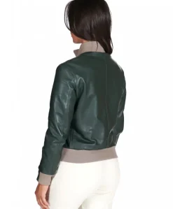 Donna D'Arienzo G155 - Bomber in pelle naturale verde collo in lana merino