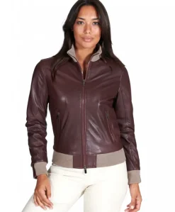 Donna D'Arienzo G155 - Bomber in pelle naturale bordeaux collo in lana merino