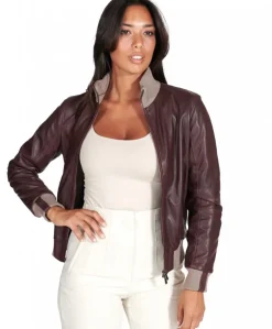 Donna D'Arienzo G155 - Bomber in pelle naturale bordeaux collo in lana merino