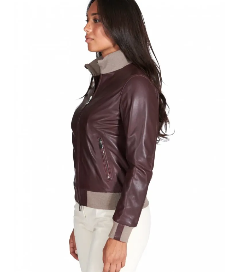 Donna D'Arienzo G155 - Bomber in pelle naturale bordeaux collo in lana merino
