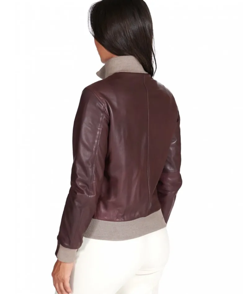 Donna D'Arienzo G155 - Bomber in pelle naturale bordeaux collo in lana merino