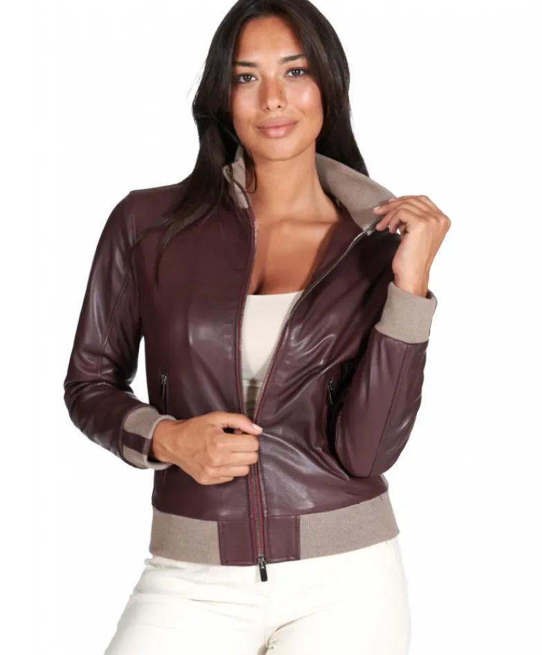 Donna D'Arienzo G155 - Bomber in pelle naturale bordeaux collo in lana merino