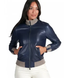 Donna D'Arienzo G155 - Bomber in pelle naturale blu collo in lana merino
