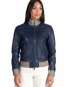 Donna D'Arienzo G155 - Bomber in pelle naturale blu collo in lana merino
