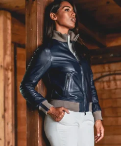 Donna D'Arienzo G155 - Bomber in pelle naturale blu collo in lana merino