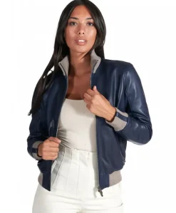 Donna D'Arienzo G155 - Bomber in pelle naturale blu collo in lana merino