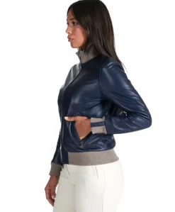 Donna D'Arienzo G155 - Bomber in pelle naturale blu collo in lana merino