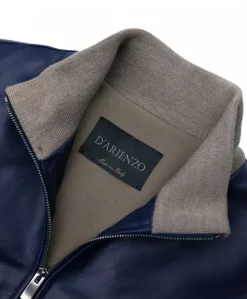 Donna D'Arienzo G155 - Bomber in pelle naturale blu collo in lana merino