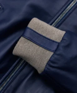 Donna D'Arienzo G155 - Bomber in pelle naturale blu collo in lana merino