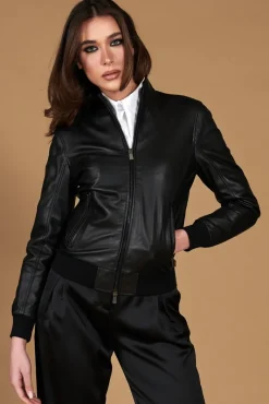 Donna D'Arienzo G154 - Bomber in pelle nera nappa effetto liscio