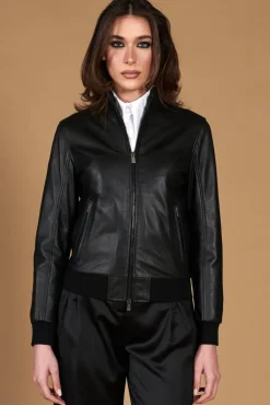 Donna D'Arienzo G154 - Bomber in pelle nera nappa effetto liscio