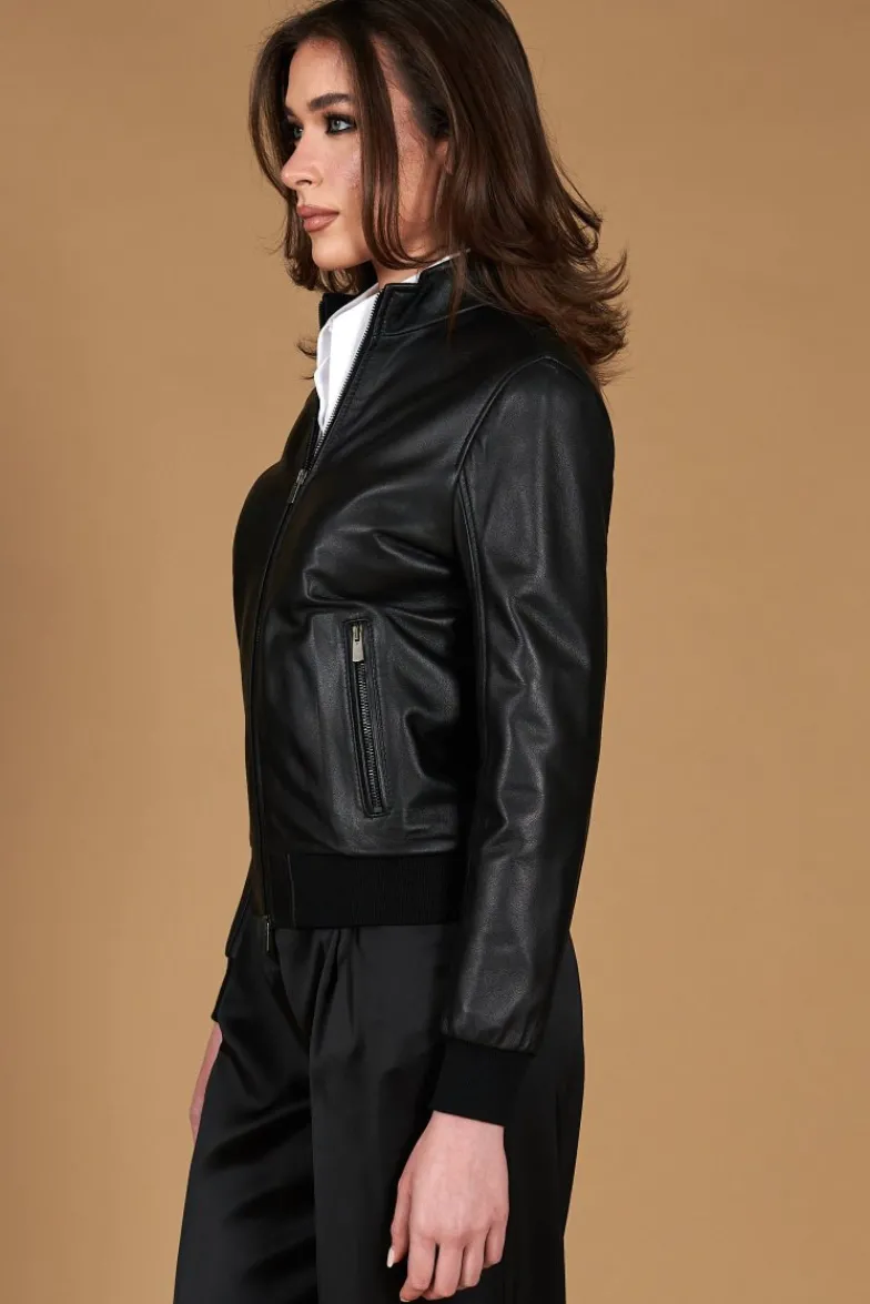 Donna D'Arienzo G154 - Bomber in pelle nera nappa effetto liscio