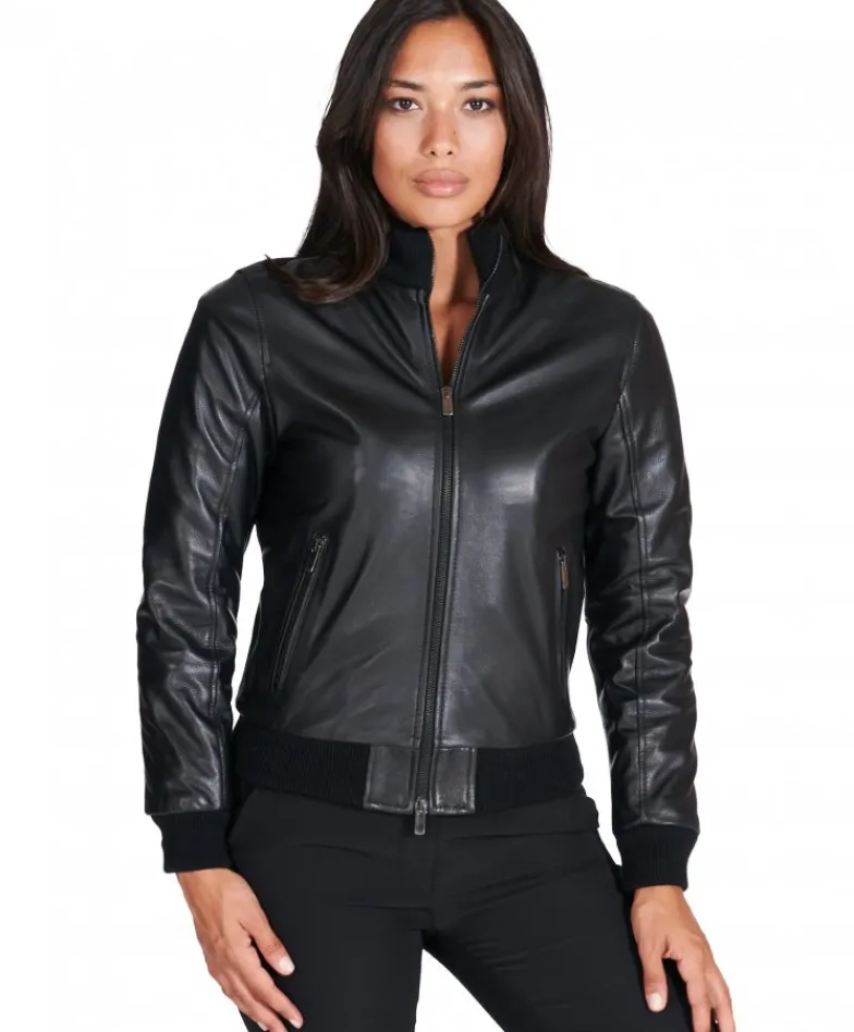 Donna D'Arienzo G155 - Bomber in pelle nera nappa effetto liscio