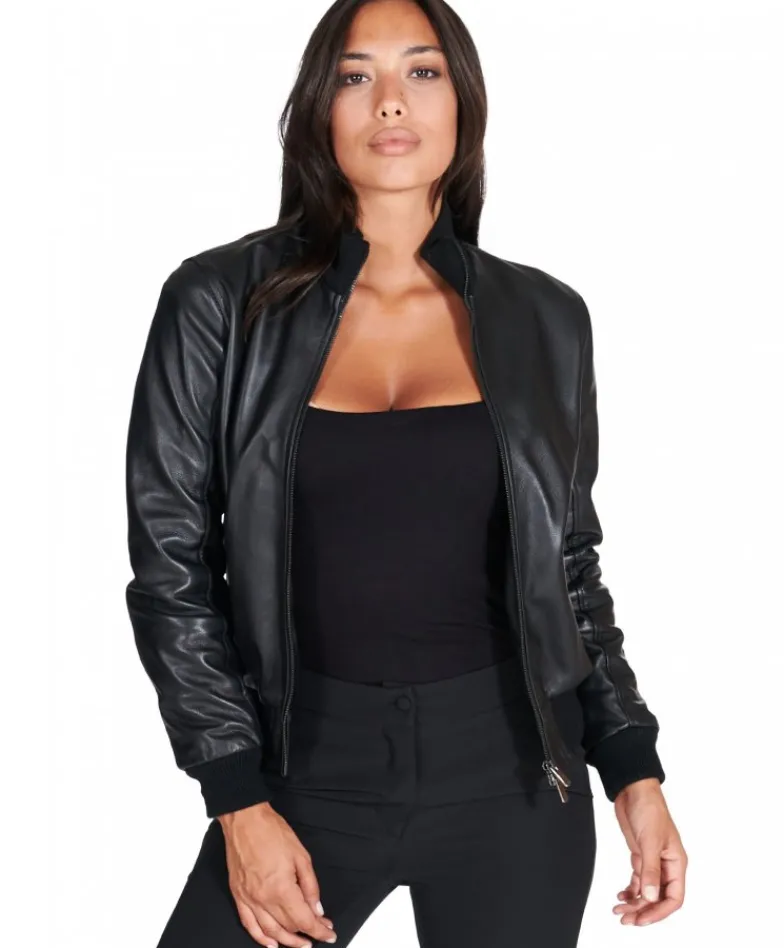 Donna D'Arienzo G155 - Bomber in pelle nera nappa effetto liscio