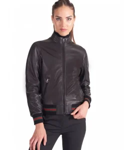 Donna D'Arienzo G154 - Bomber in pelle nera nappa effetto liscio collo coreana
