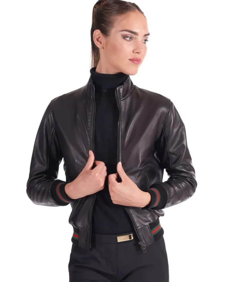 Donna D'Arienzo G154 - Bomber in pelle nera nappa effetto liscio collo coreana