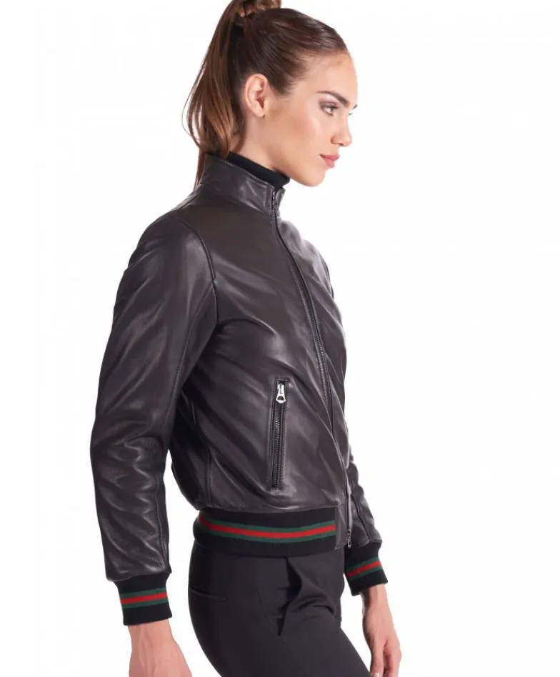 Donna D'Arienzo G154 - Bomber in pelle nera nappa effetto liscio collo coreana