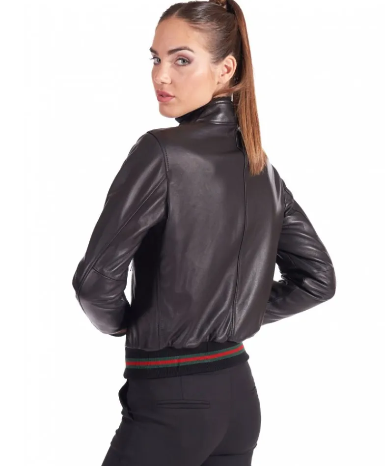 Donna D'Arienzo G154 - Bomber in pelle nera nappa effetto liscio collo coreana