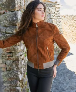 Donna D'Arienzo G154 - Bomber in pelle scamosciata cuoio e lana merinos