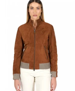 Donna D'Arienzo G154 - Bomber in pelle scamosciata cuoio e lana merinos