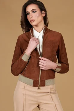 Donna D'Arienzo G154 - Bomber in pelle scamosciata cuoio e lana merinos