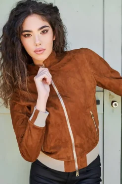 Donna D'Arienzo G154 - Bomber in pelle scamosciata cuoio e lana merinos