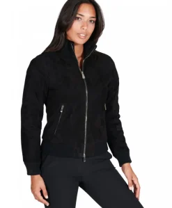 Donna D'Arienzo G155 - Bomber in pelle scamosciata nera collo in lana merino