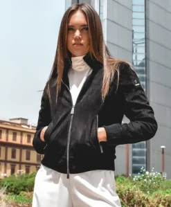 Donna D'Arienzo G155 - Bomber in pelle scamosciata nera collo in lana merino