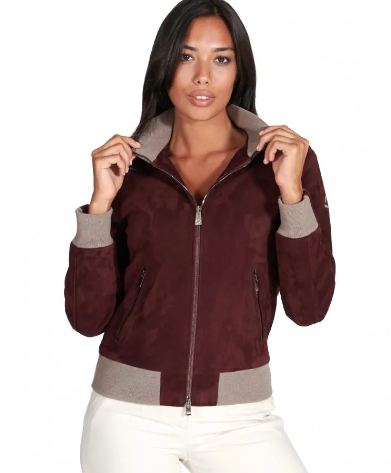 Donna D'Arienzo G155 - Bomber in pelle scamosciata bordeaux collo in lana merino