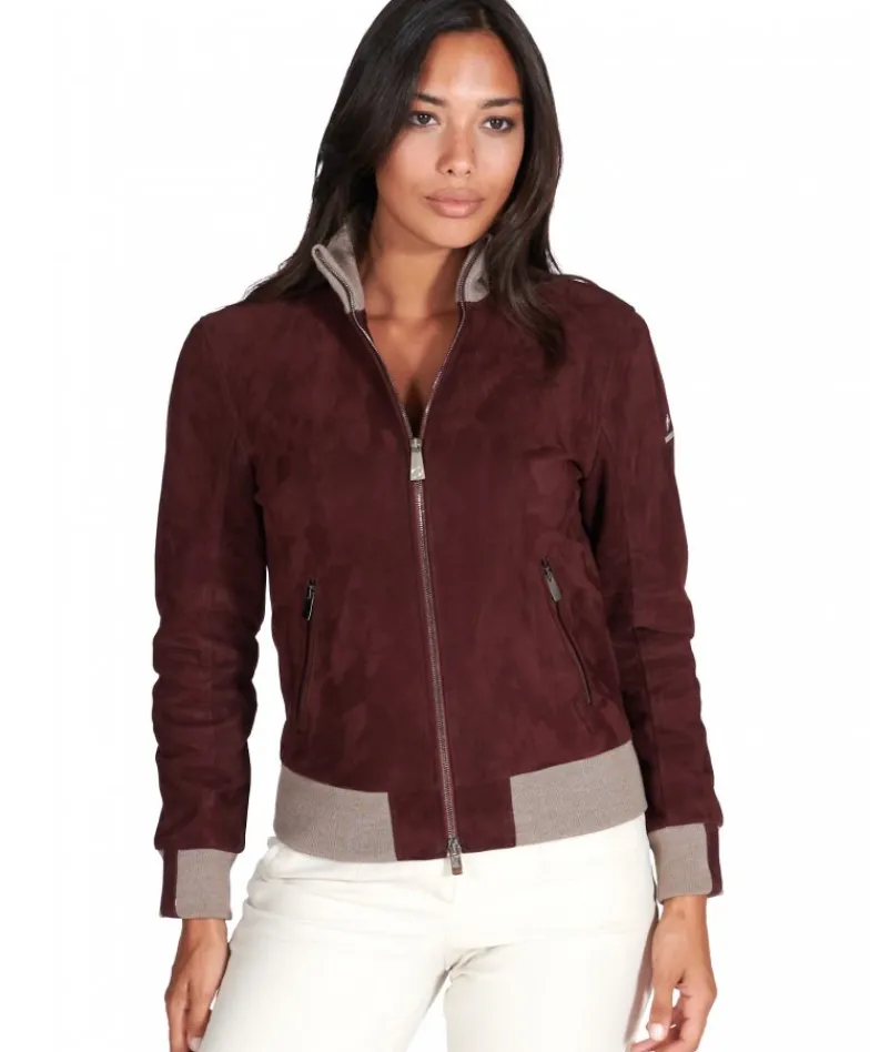 Donna D'Arienzo G155 - Bomber in pelle scamosciata bordeaux collo in lana merino