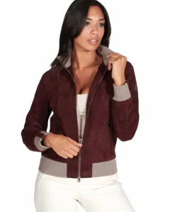 Donna D'Arienzo G155 - Bomber in pelle scamosciata bordeaux collo in lana merino