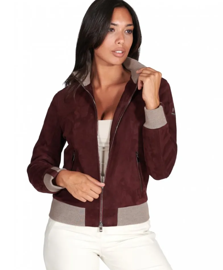 Donna D'Arienzo G155 - Bomber in pelle scamosciata bordeaux collo in lana merino