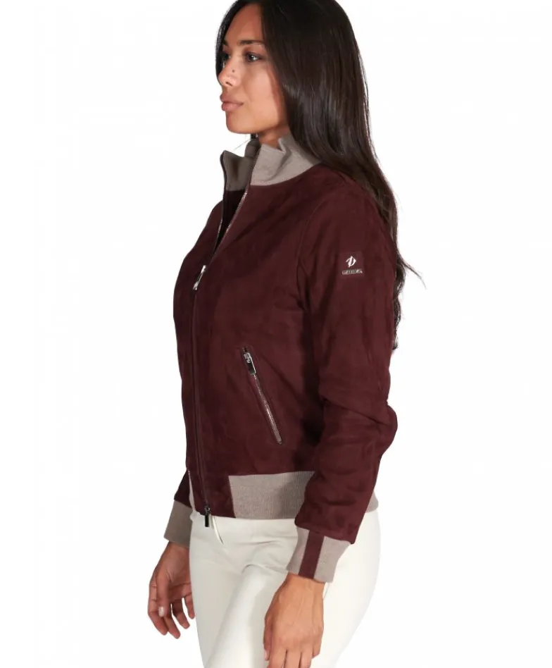 Donna D'Arienzo G155 - Bomber in pelle scamosciata bordeaux collo in lana merino