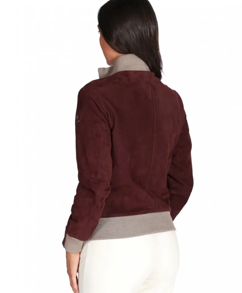 Donna D'Arienzo G155 - Bomber in pelle scamosciata bordeaux collo in lana merino