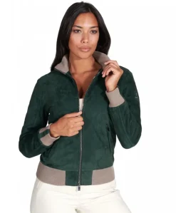 Donna D'Arienzo G155 - Bomber in pelle scamosciata verde collo in lana merino