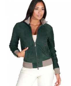 Donna D'Arienzo G155 - Bomber in pelle scamosciata verde collo in lana merino