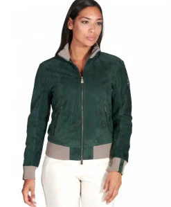 Donna D'Arienzo G155 - Bomber in pelle scamosciata verde collo in lana merino