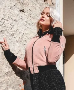 Donna D'Arienzo G155 - Bomber in pelle scamosciata rosa collo in lana merino a contrasto