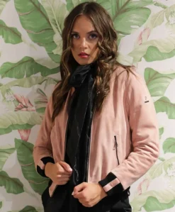 Donna D'Arienzo G155 - Bomber in pelle scamosciata rosa collo in lana merino a contrasto