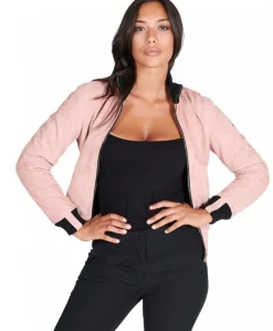 Donna D'Arienzo G155 - Bomber in pelle scamosciata rosa collo in lana merino a contrasto