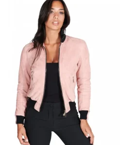 Donna D'Arienzo G155 - Bomber in pelle scamosciata rosa collo in lana merino a contrasto