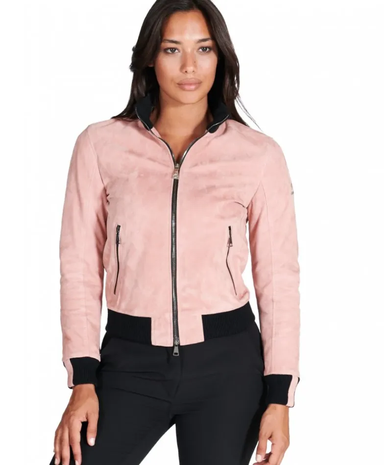 Donna D'Arienzo G155 - Bomber in pelle scamosciata rosa collo in lana merino a contrasto